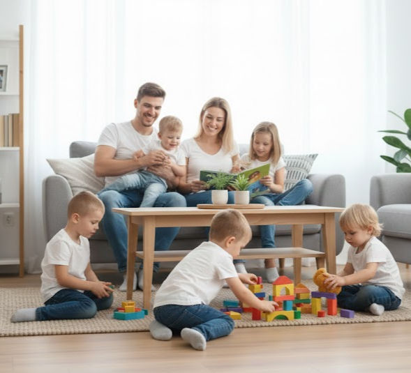 Happy family parents and children playing with toys in living room.