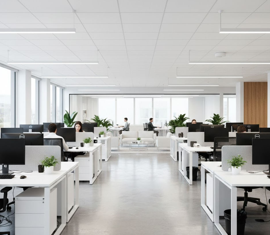 Modern open plan office with white desks, computers, and employees working.