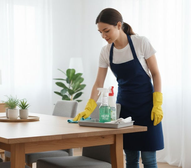Woman in apron and gloves cleans wooden table with spray bottle.