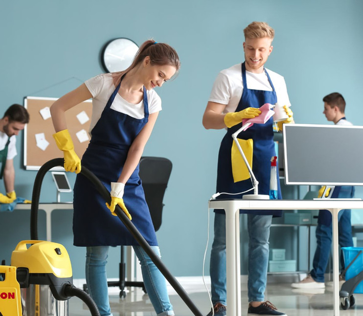 Professional cleaner wiping kitchen countertop in home