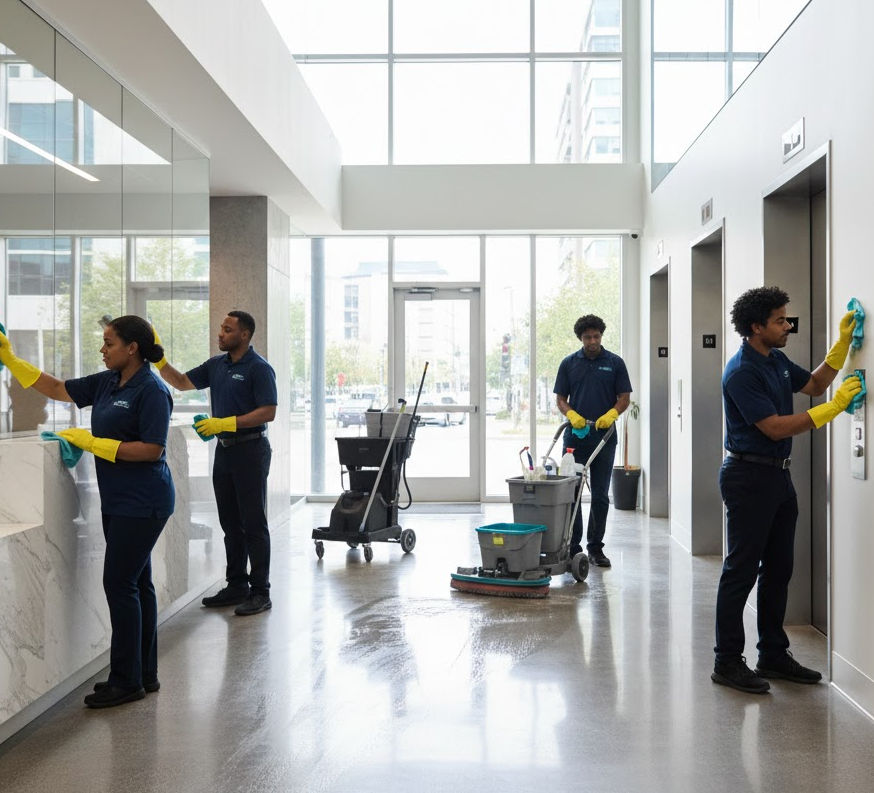 Four cleaners in uniforms meticulously cleaning a modern office building lobby professionally.