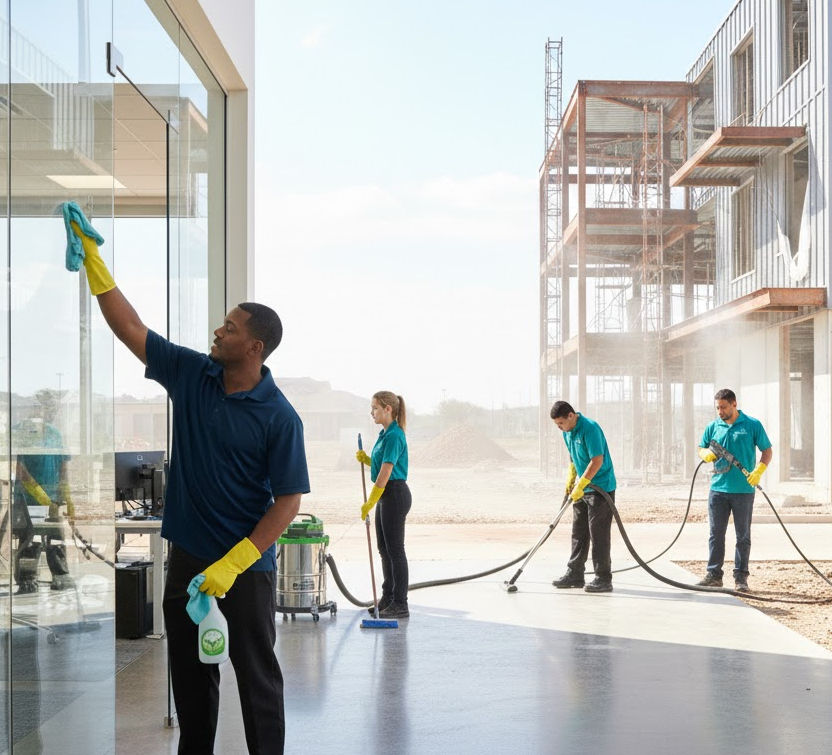 Cleaning crew diligently wiping large windows and vacuuming dusty construction site.