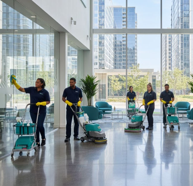 Cleaning team uses floor scrubbers and cleans glass in modern office.
