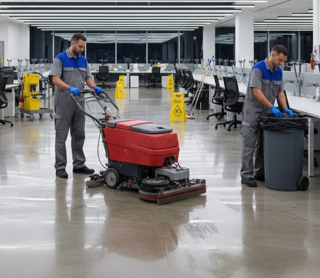 Cleaner using microfiber tools on a large office floor