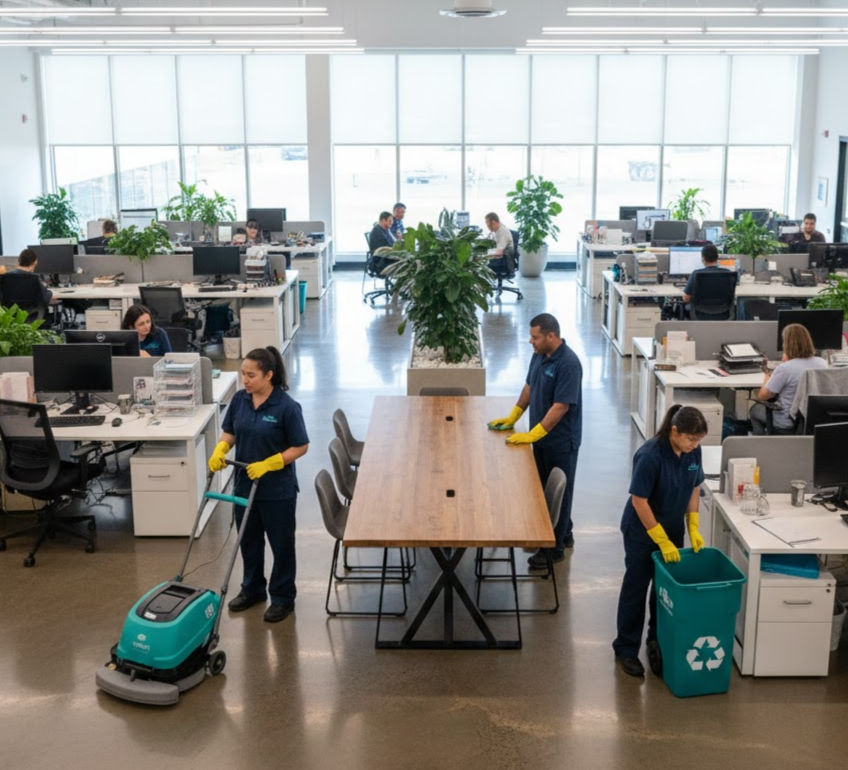 Cleaners scrub floor, wipe table, and empty recycling bin in an office.
