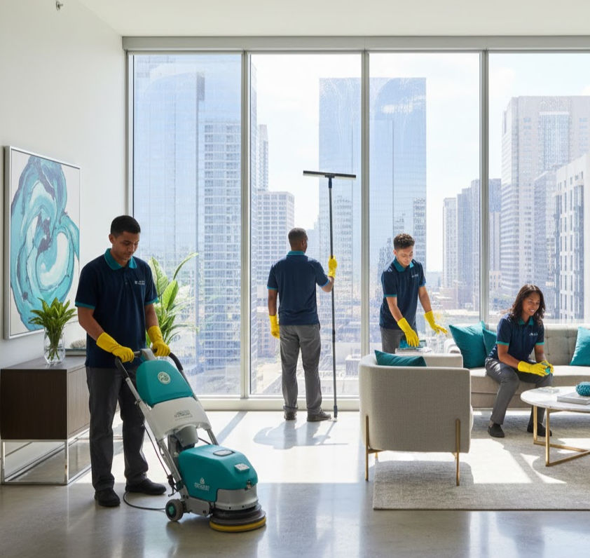 Four professional cleaners operating equipment, cleaning a modern high rise office.